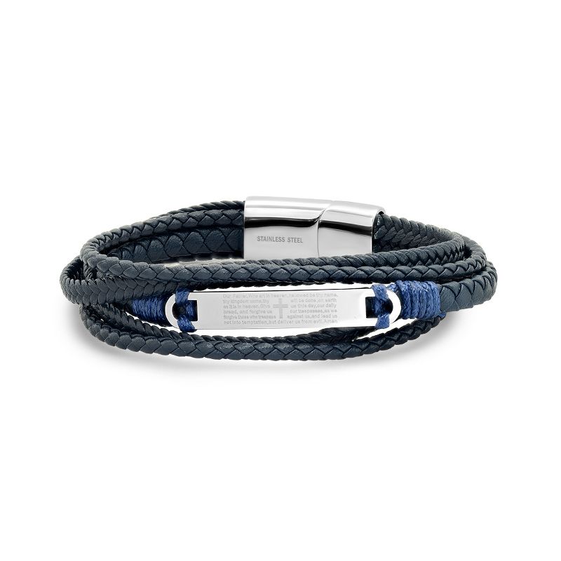Steeltime Men's layered navy blue leather with stainless steel Our Father prayer id bracelet