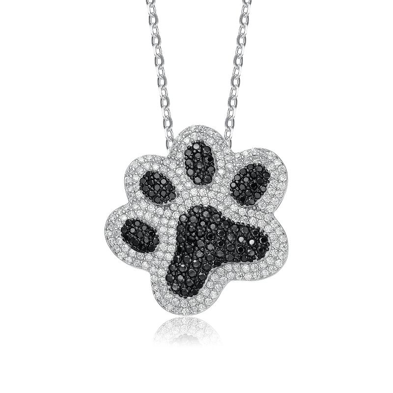 Guili Sterling Silver Two-Tone Pendant with Black & White Cubic Zirconia Cat & Dog Pet Paw Necklace for Pet Lovers with Style and Class