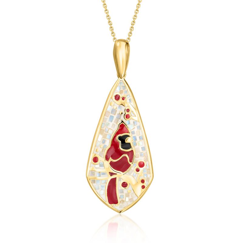 Ross-Simons Mother-Of-Pearl and Multicolored Enamel Cardinal Mosaic Pendant Necklace in 18kt Gold Over Sterling Size 18