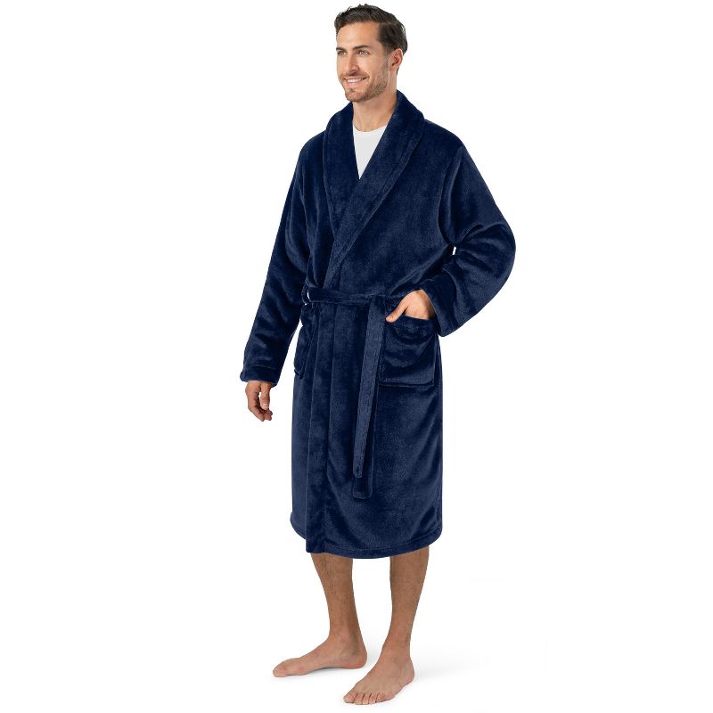 PAVILIA Mens Soft Robe, Fleece Plush Soft Long Male Bathrobe, Lightweight Fluffy Fuzzy Cozy Warm Bath Shower Spa House (Navy Blue, Small-Medium)