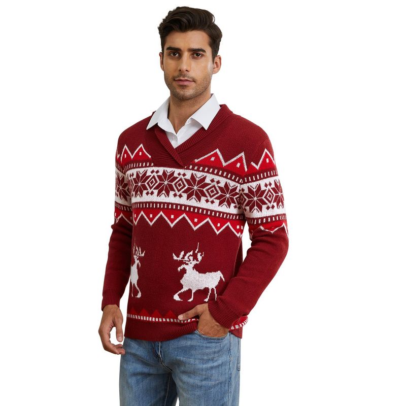 Ugly Christmas Sweater Men Fuuny Reindeer Snowflake Print Pullover Tops Long Sleeve v Neck Soft Knitted Sweaters,Red,XL