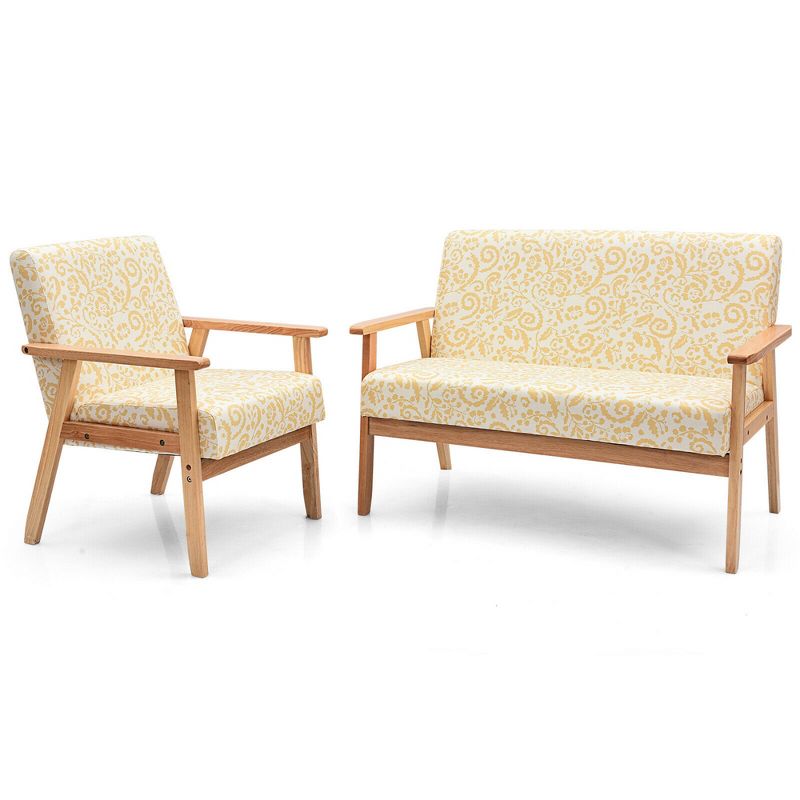Costway Modern Living Room Sofa Set w/ Loveseat Sofa Couch & Accent Armchair Yellow Floral