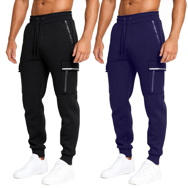 Blue Ice Men's Modern Fit Heavyweight Tech Fleece Cargo Jogger Pants with Zipper Pockets-2 Pack