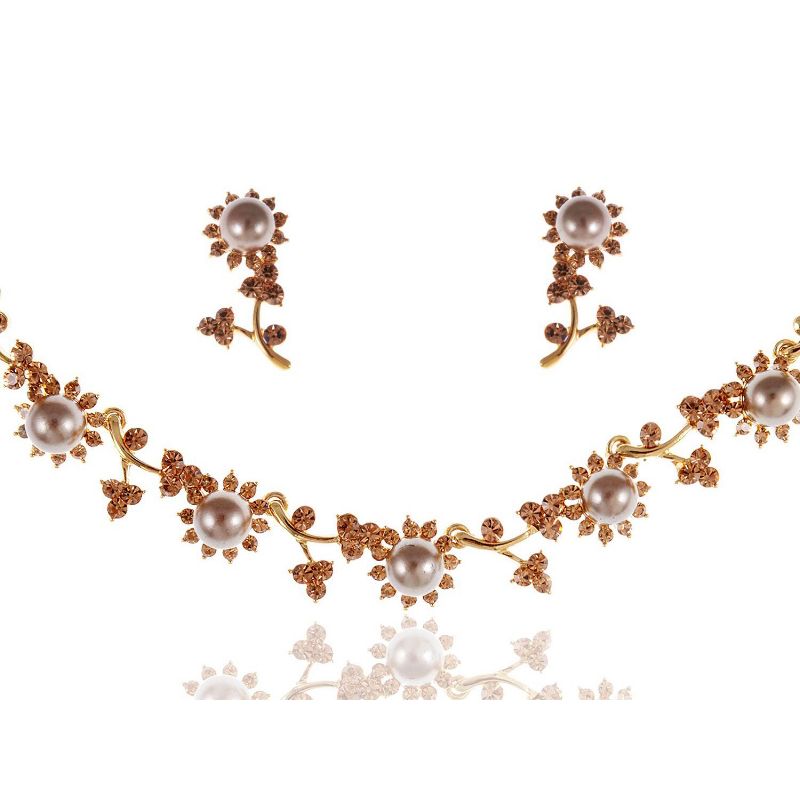 Alilang Women's Gold Tone Necklace and Earring Set with Peach Crystal Teardrop Accents, Adjustable Chain, Elegant and Sparkling Design - Pearl