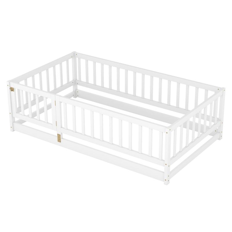 SEVOBAL Kids Bedroom Furniture Montessori Floor Bed With Fence Door and No Box Spring Needed for Kids or Teenagers, White, 80.31"*16.73"*5.12"