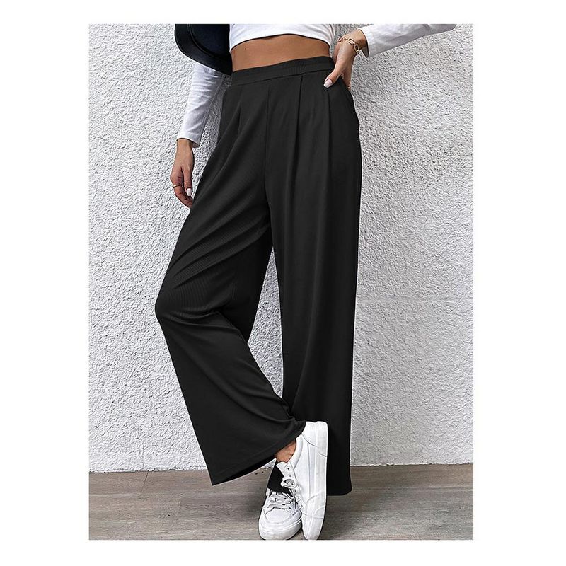 Women's Elastic Waist Ribbed Casual Wide - Leg Pants, Loose - Fit Trousers black M