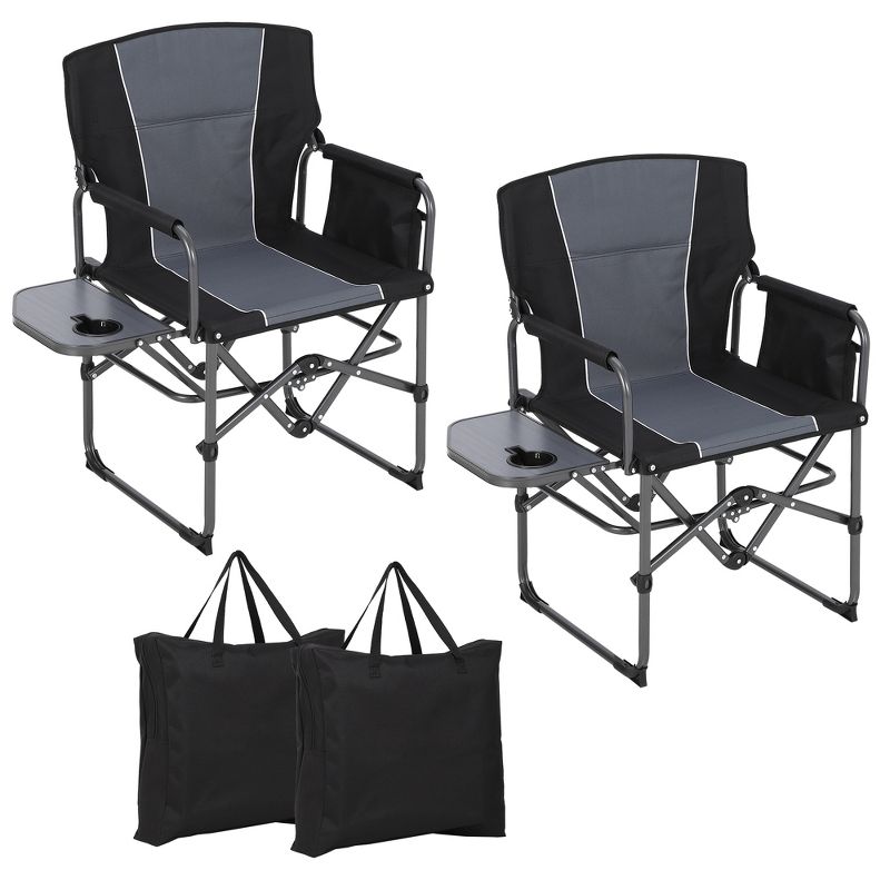 2 Pack Camping Directors Chair, Oversized Portable Folding Chair with Side Table, Pocket for Beach, Fishing, Trip, Picnic, Lawn, Black