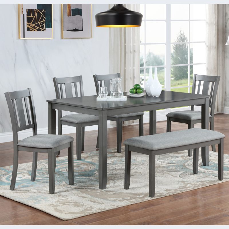 6 Piece Dining Table Set, Rectangular Wooden Dining Table with 4 Upholstered Chairs and Bench, Solid Wood Frame Kitchen Furniture, Gray-- Frevyn
