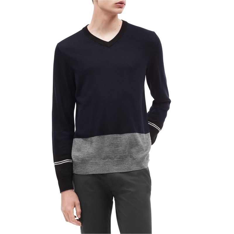 Calvin Klein Mens Colorblocked V-Neck Pullover Sweater, navy, Large