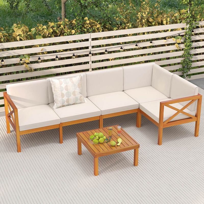 Costway 6 PCS Acacia Wood Patio Furniture Set with Cushions and Coffee Table for Garden