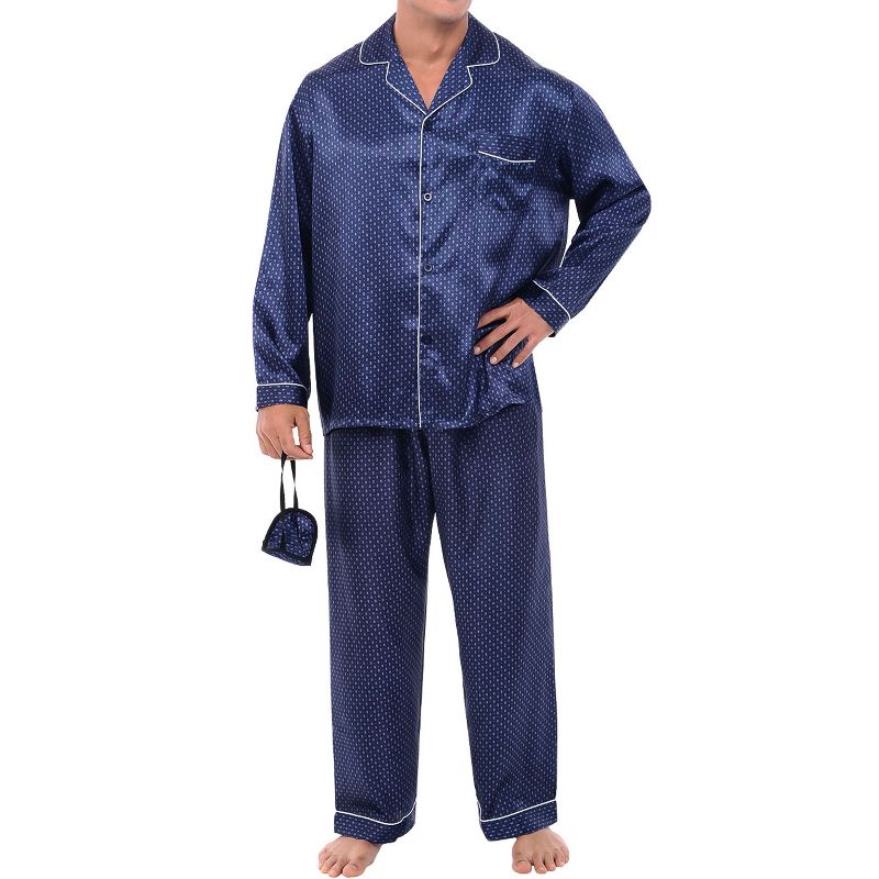 ADR Mens Satin Pajamas Set, Satin Pajamas for Men, Silk PJs with Matching Sleep Mask White Dots on Blue 2XL Tall