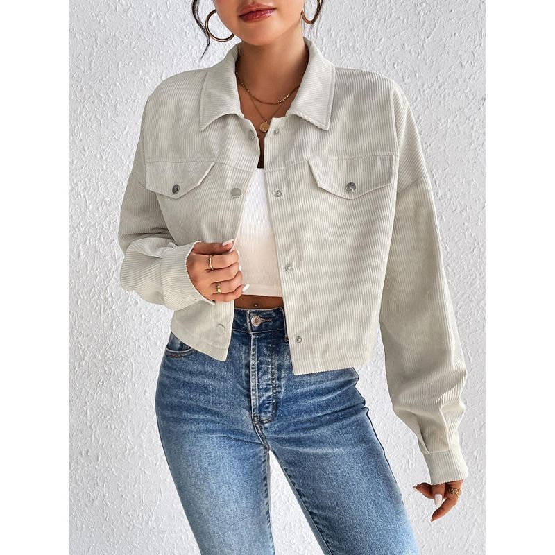 Women's Corduroy Jacket Casual Button Shirt Jacket Stand Collar Short Coat Fall Spring Outerwear Apricot XL