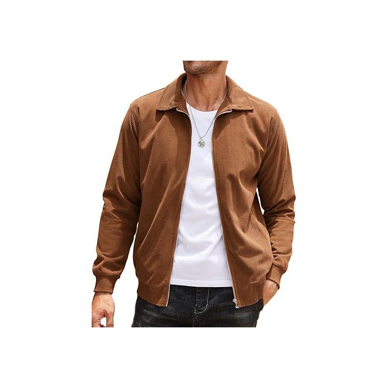 COOFANDY Men's Casual Corduroy Jacket Lightweight Zip Up Vintage Jacket Collared Bomber Jacket Light Brown S