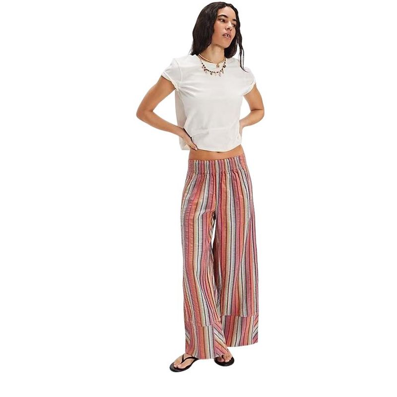 Women's Pants Multicolor Striped Wide Leg Pants Elastic Waist Boho Casual Trousers, Pink, XL