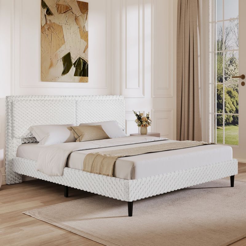 Queen Size Upholstered Bed Frame with Soft Backrest, Wood Platform Bed Frame for Bedroom, White - ModernLuxe