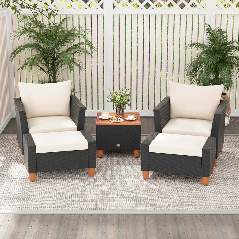 Costway 5 PCS Patio Furniture Set with Storage Table Ottomans Soft Pillows & Cushions