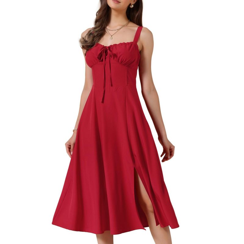 INSPIRE CHIC Women's Spaghetti Strap Sleeveless Sweetheart Neck Side Slit A-line Mid Dress Large Red