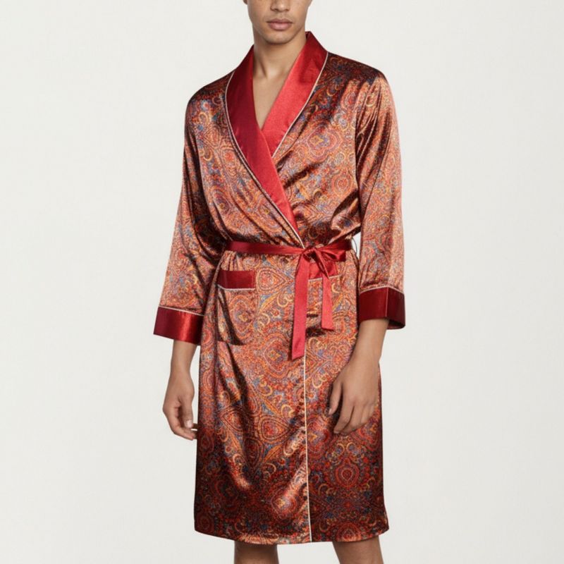 Anna-Kaci Lounge Men's Paisley Print Satin Robe with Contrast Shawl Collar and Waist Tie- Medium, Red
