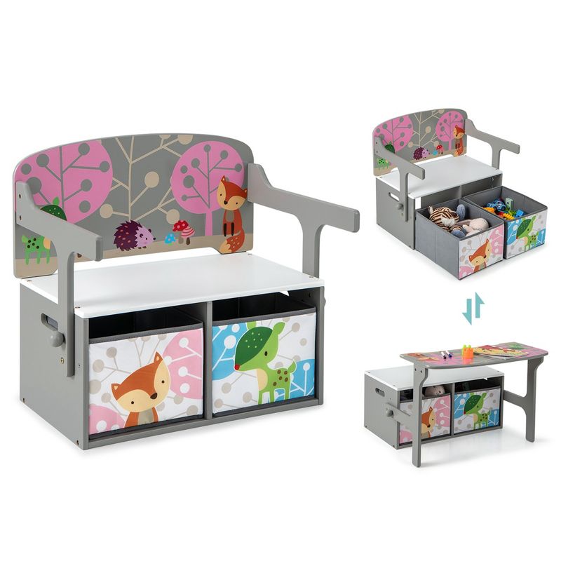 Costway 3 in 1 Kids Convertible Activity Bench Children Table & Chair Set with 2 Bins Grey