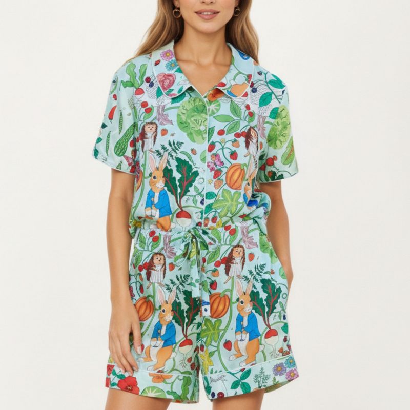 Anna-Kaci Lounge Women's Whimsical Garden Animal Print Pajama Set with Short Sleeve Button-Up Top and Matching Shorts - Small, White