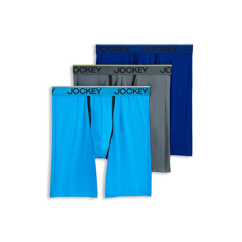 Jockey Men's Chafe Proof Pouch Microfiber 8.5" Long Leg Boxer Brief - 3 Pack S Bright Aqua/Iron Grey/Blue Jay Out