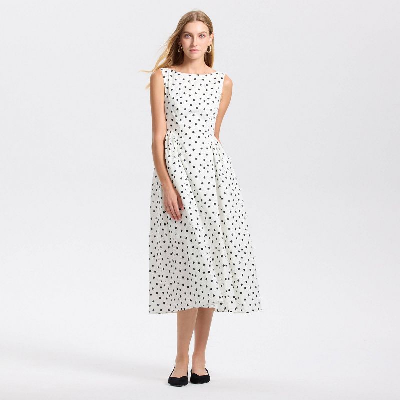 Women's Sleeveless Cap Sleeve Gathered Waist Midi A-Line Dress - A New Day™ Cream Dots M