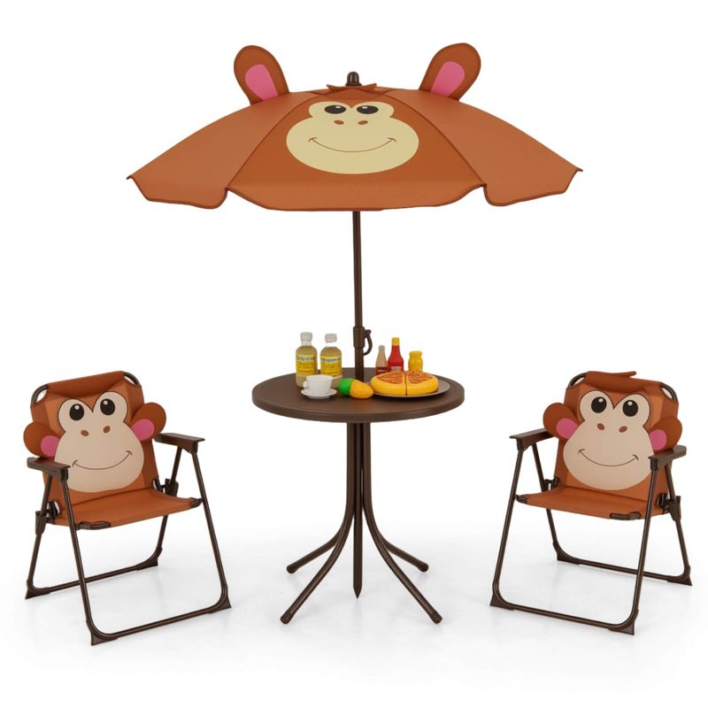 Costway Kids Picnic Table & Chair Set with 2 Folding Chairs & Height Adjustable Umbrella Brown