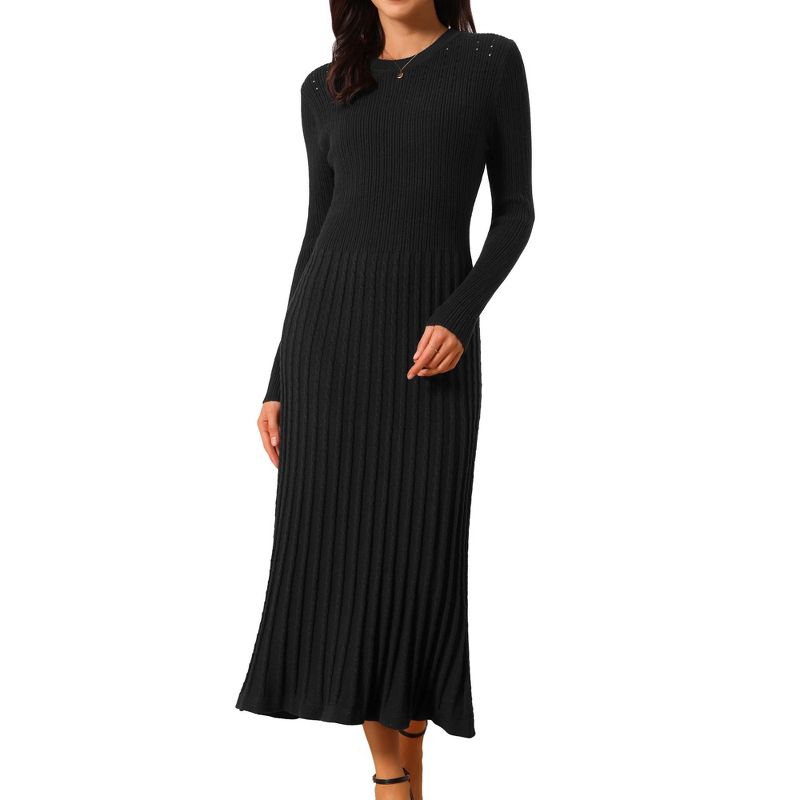 INSPIRE CHIC Women's Crewneck Knit Long Sleeve Midi Ribbed A-Line Sweater Dress Black Small