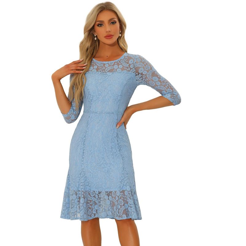 Allegra K Women's Elegant 3/4 Sleeves Ruffles Bodycon Fishtail Lace Midi Dress Medium Light Blue