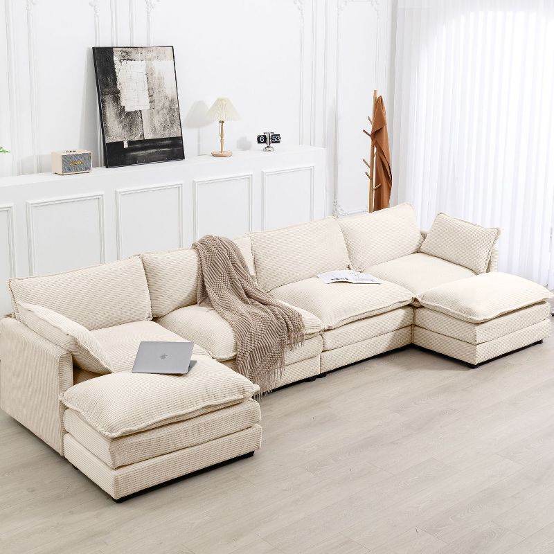 HYLEORY U-Shaped Sectional Sofa , Indoor Furniture Convertible Modular Corduroy Sectional Sofa Set with 2 Ottomans for Living Room,Beige