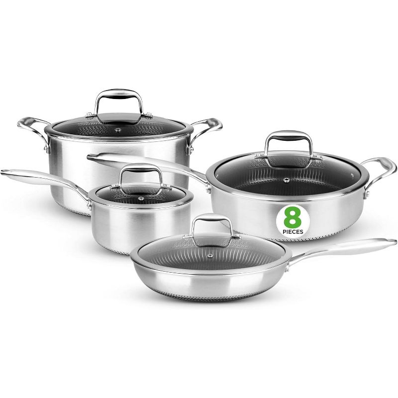 NutriChef 8-Piece Kitchenware Pots & Pans Set – Triply Stainless Steel Cookware, Non-Stick Coating Inside and Outside, Oven Safe, Induction Ready