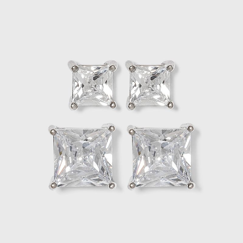 Sterling Silver Cubic Zirconia Duo Square Stud Earring Set - A New Day™ Clear: Nickel-Free, Polished Finish, Basket Setting