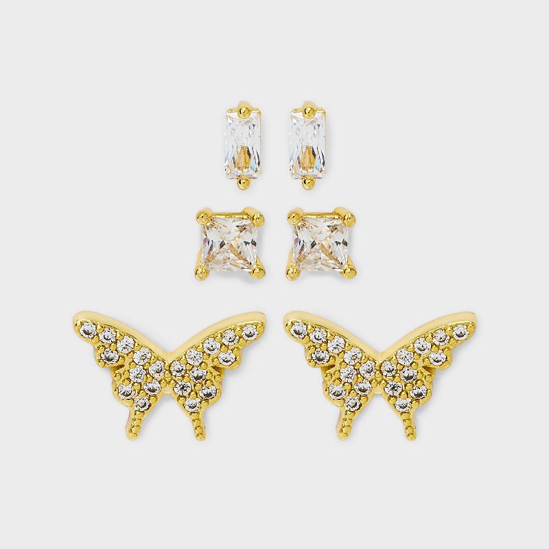 Rectangle and Square Butterfly Stud Earring Set 3pc - A New Day™ Gold: Brass, Sterling Silver, Cubic Zirconia