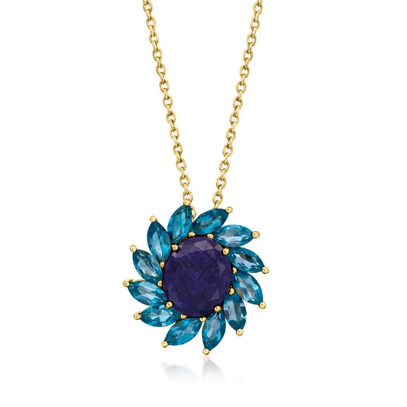 Ross-Simons 4.30 Carat Sapphire and 3.30 ct. t.w. London Blue Topaz Flower Pendant Necklace in 18kt Gold Over Sterling Size 18