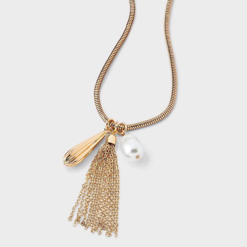 Tassel and Pearl Drop Pendant Necklace - A New Day™ Gold