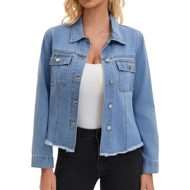 INSPIRE CHIC Women's Denim Turndown Collar Shacket Long Sleeve Frayed Hem Button Down Cropped Jean Jacket Large Blue