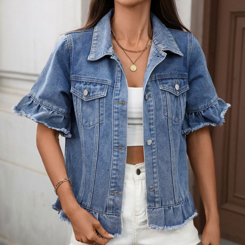 Coolmee Denim Jacket for Women Distressed Jean Jackets Button Up Ruffle Short Sleeve Jacket Ruffle Hem with Pockets XL Blue