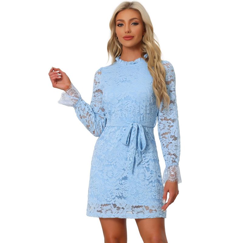 Allegra K Women's Elegant Ruffle Crew Neck Formal Elegant Mini Floral Lace Dress Sky Blue Large