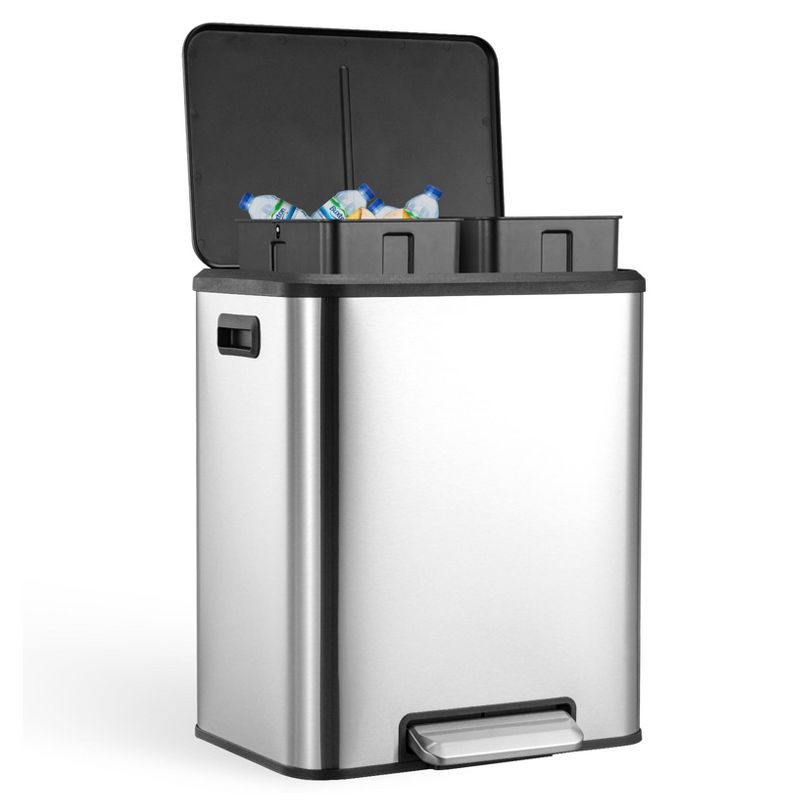 30 Liter Dual Trash Can Stainless Steel 2 Compartment Kitchen Recycling Bin Soft Close Lid Silver