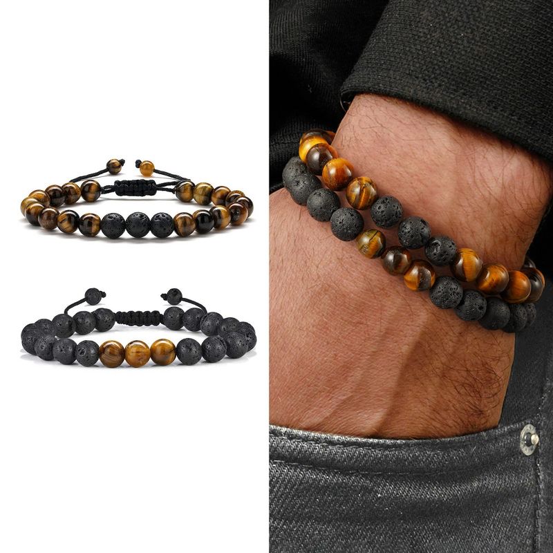 Turandoss 2PCS Tiger Eye Beaded Bracelets for Men Boys, Bead Stone Bracelet, Birthday Valentine's Day Jewelry Gifts for Brother Husband, 8MM Beads