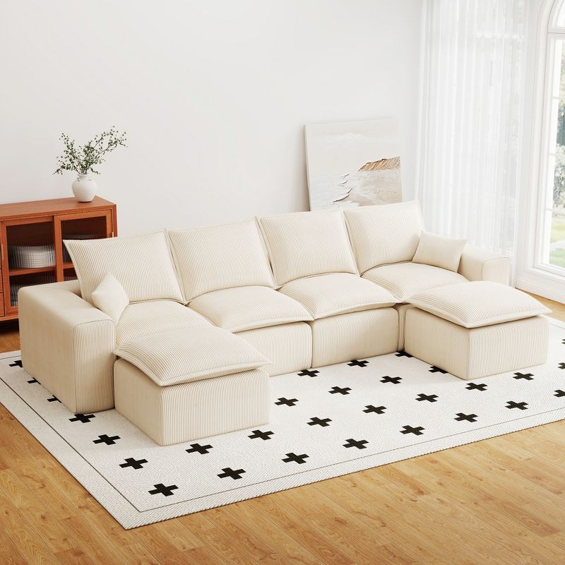 Kayamas 137'' Modular Sectional Sofa, 4 Seater U Shaped Corduroy Couch with Movable Ottoman for Living Room Beige