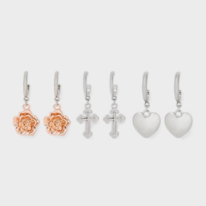 Heart Rose Gothic Cross Earring Trio - Wild Fable™ Silver