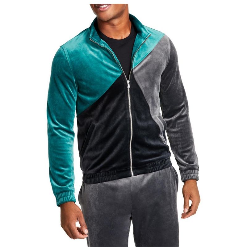 I.N.C International Concepts Mens Colorblock Track Jacket, grnblkgry, Small