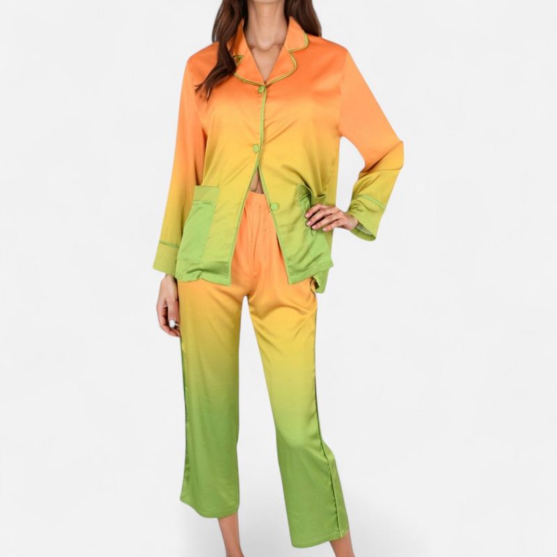 Anna-Kaci Lounge Women's Satin Pajama Set with Ombre Gradient Color Block Button Top and Wide Leg Pants - Small, Yellow