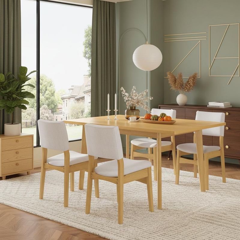 Polibi Modern 5-Piece Dining Set with Solid Wood Table & 4 Upholstered Linen Chairs, Natural