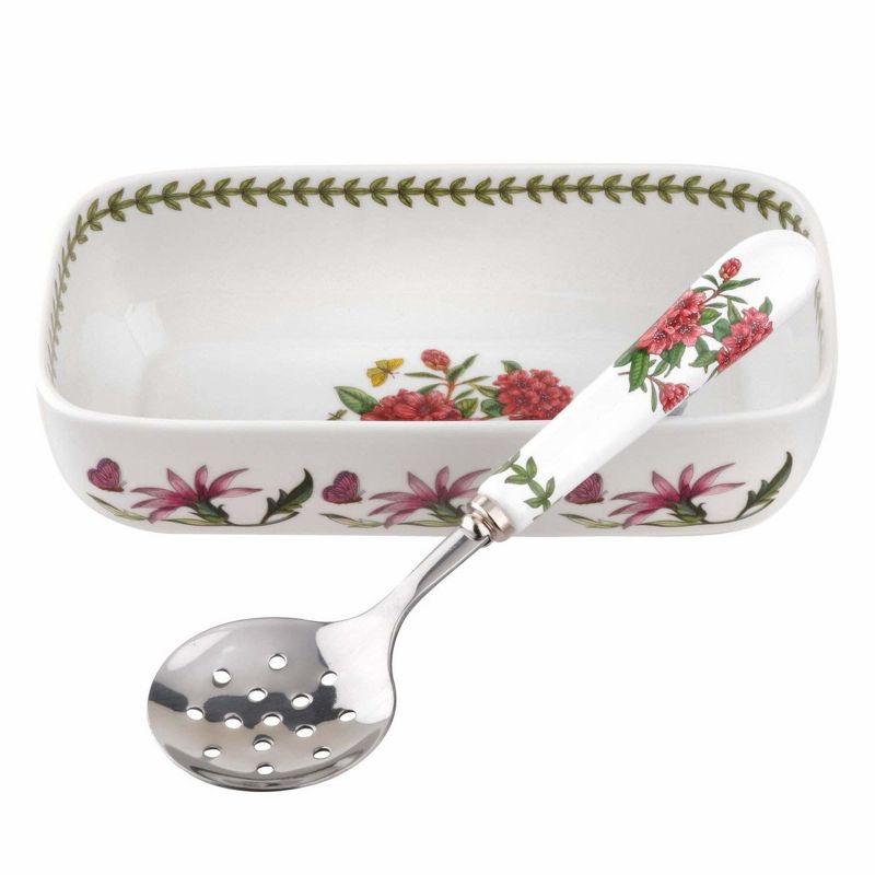 Portmeirion Botanic Garden Cranberry Dish with Slotted Spoon, 2-Piece Set, 8"x 4.25" Sauce Dish with 4.25" Serving Spoon, Rhododendron Flower Motif