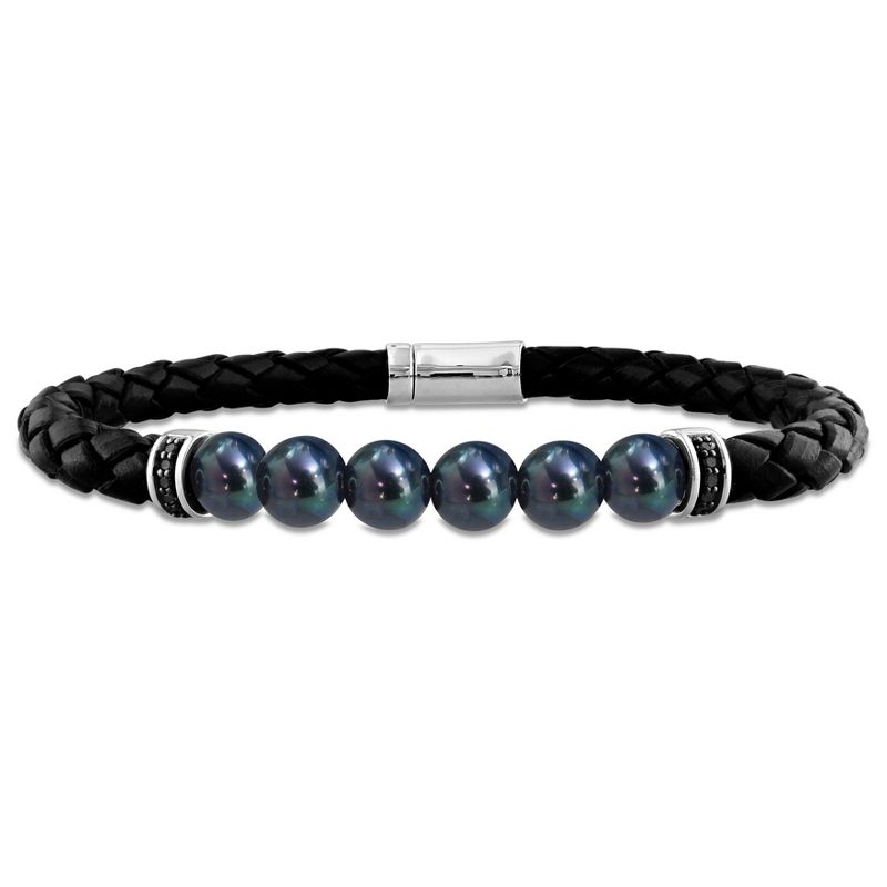 EVERLY JEWELRY |Men's 7.5-8mm Black Cultured Freshwater Pearl Braided Black Leather Bracelet with Diamond Accents - 9 in.