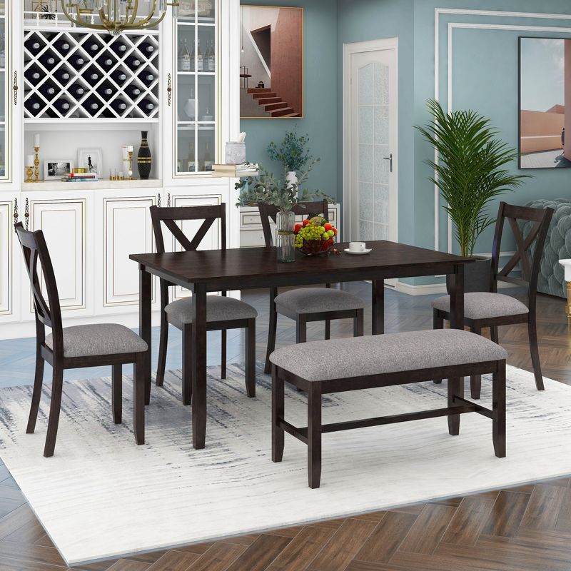 Whisen 6-Piece Wooden Rectangular Kitchen Dining Table Set with 4 Fabric Chairs and Bench - Espresso