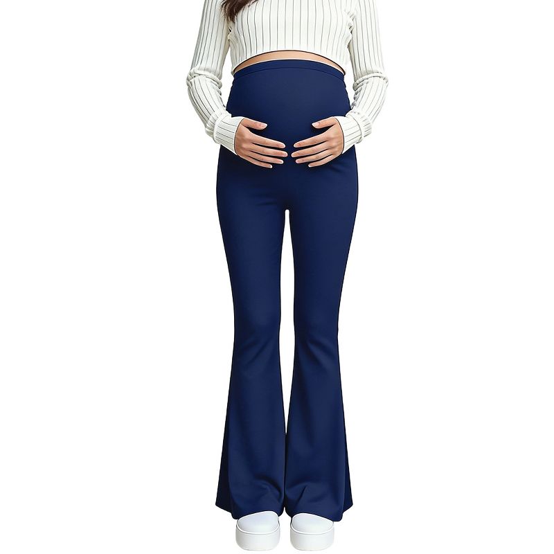 Maternity Womens High Waisted Flared Leg Pants Stretchy Waistband Soft Pants Navy Blue S