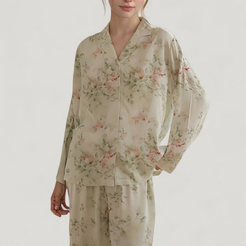 Anna-Kaci Lounge Women's Woven Floral Long Sleeve Button Down Pajama Set with Wide Leg Pants and Relaxed Fit - Medium, White